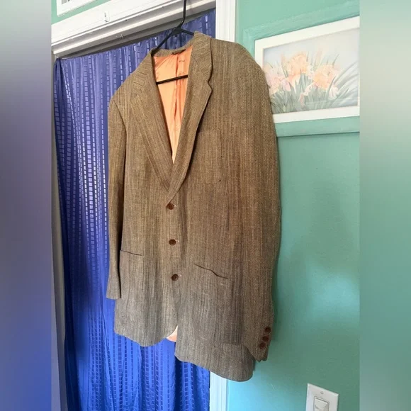 The Territory Ahead 46R Brown Burlap Style Blazer 3 Button Made in USA Vintage
